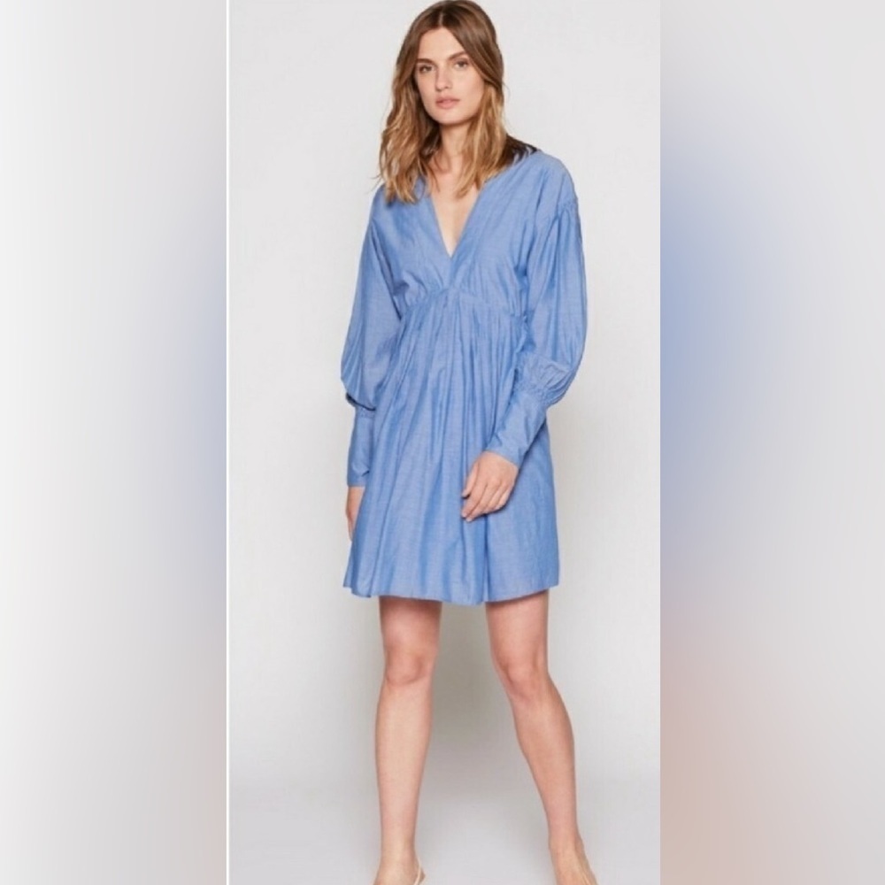 Joie Robina Cotton Blouson Sleeve Chambray dress Medium blue v-neck pockets